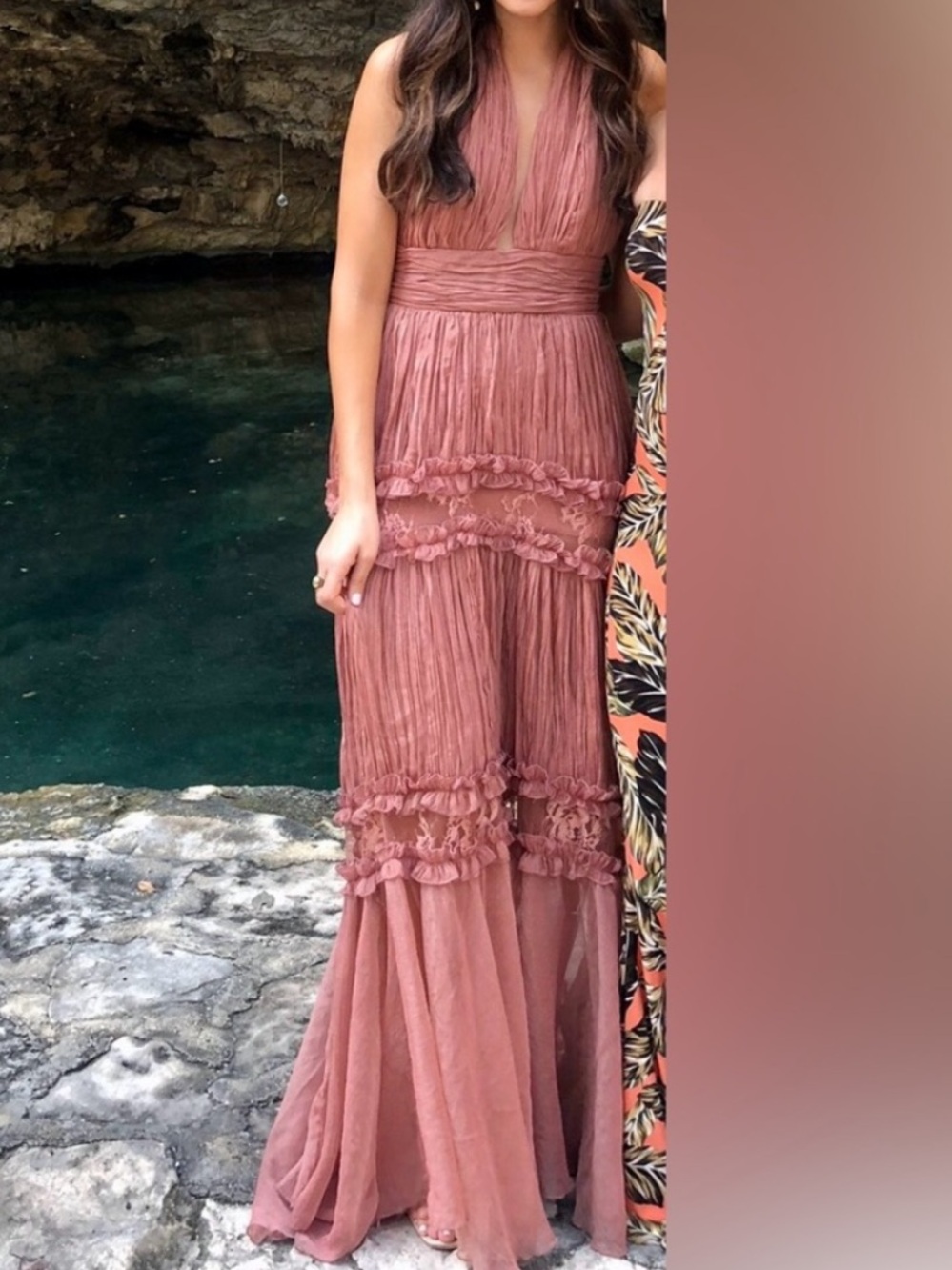 Meghan LA Rosa Tiered Dress Dusty Rose Crinkle Chiffon Boho Romantic Size 4/S - Picture 5 of 10